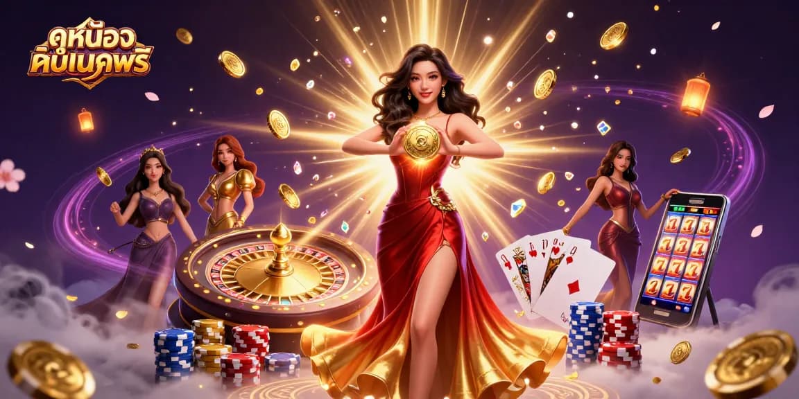 Experience ดูหนังออนไลน์ฟรี with a stunning 3D casino scene featuring coins, cards, and jackpots.
