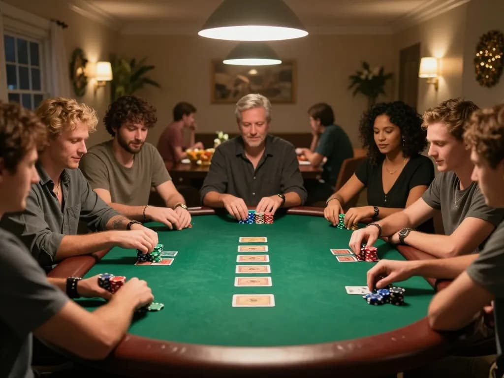 Friends playing poker in a cozy home setting at an exciting poker night with bl5555 game dynamics.
