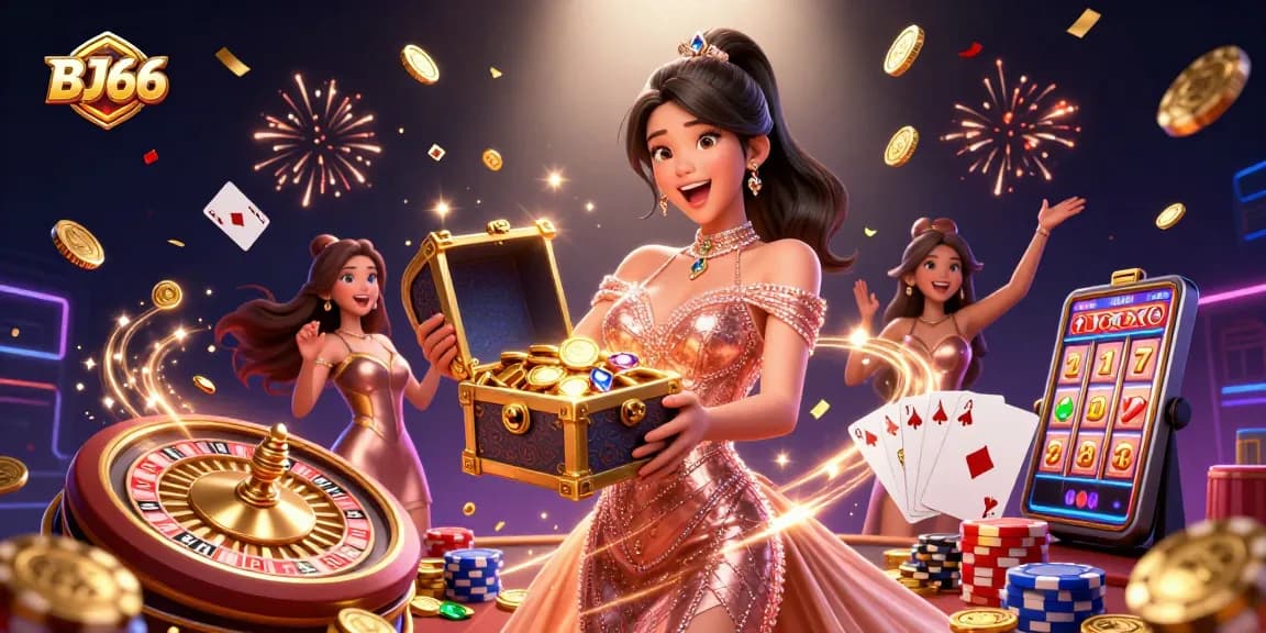 Experience the thrill of winning with BJ66's treasures in this vibrant casino illustration.