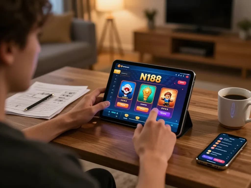 N188 online gaming session at home, showcasing engaging tablet interface with strategic notes.