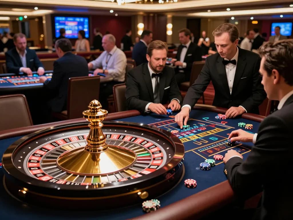 Experience dynamic gameplay at sunwintop with players joyfully placing bets at a roulette table under vibrant casino lights.