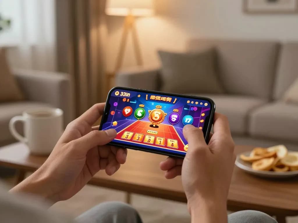 Player immersed in online gaming with the 33win app on smartphone, showcasing a cozy atmosphere.