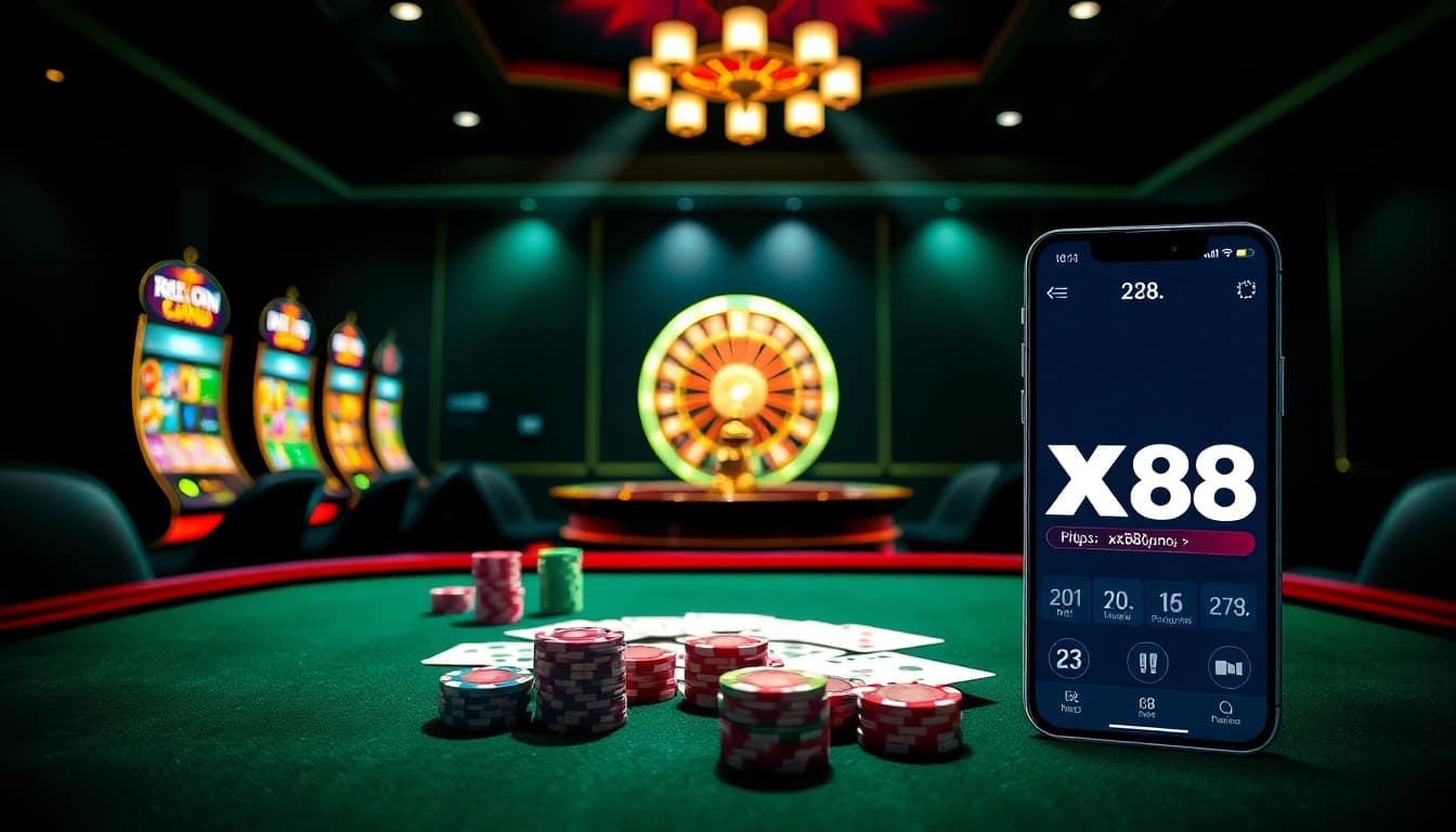 Betting on thrilling games at https://xx88.promo/, highlighting poker tables and vibrant slot machines.