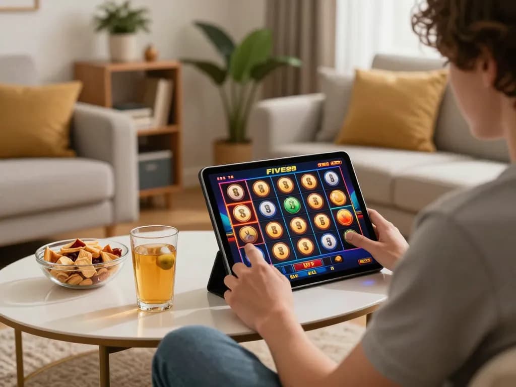 Experience Five88 online gaming excitement at home with a player enjoying slots on a tablet.