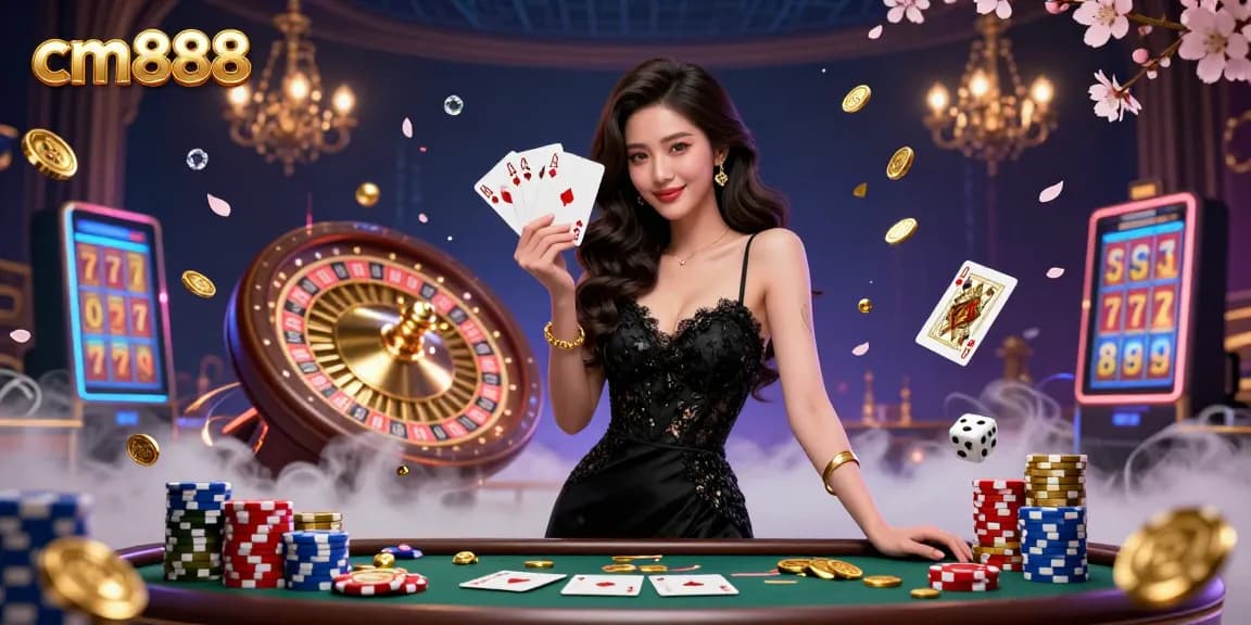 Experience thrilling gameplay at cm888 with an elegant Asian woman holding ace cards amid casino excitement.