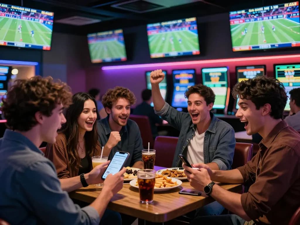 Enthusiastic bettors viewing tỷ lệ kèo nhà cái on mobile app while cheering at a sportsbook