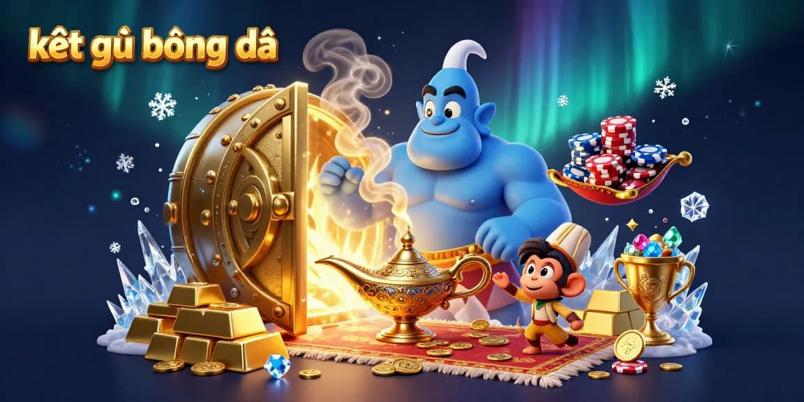 Experience the thrill of kết quả bóng đá with this captivating image illustrating a magical genie, poker chips, and treasures.