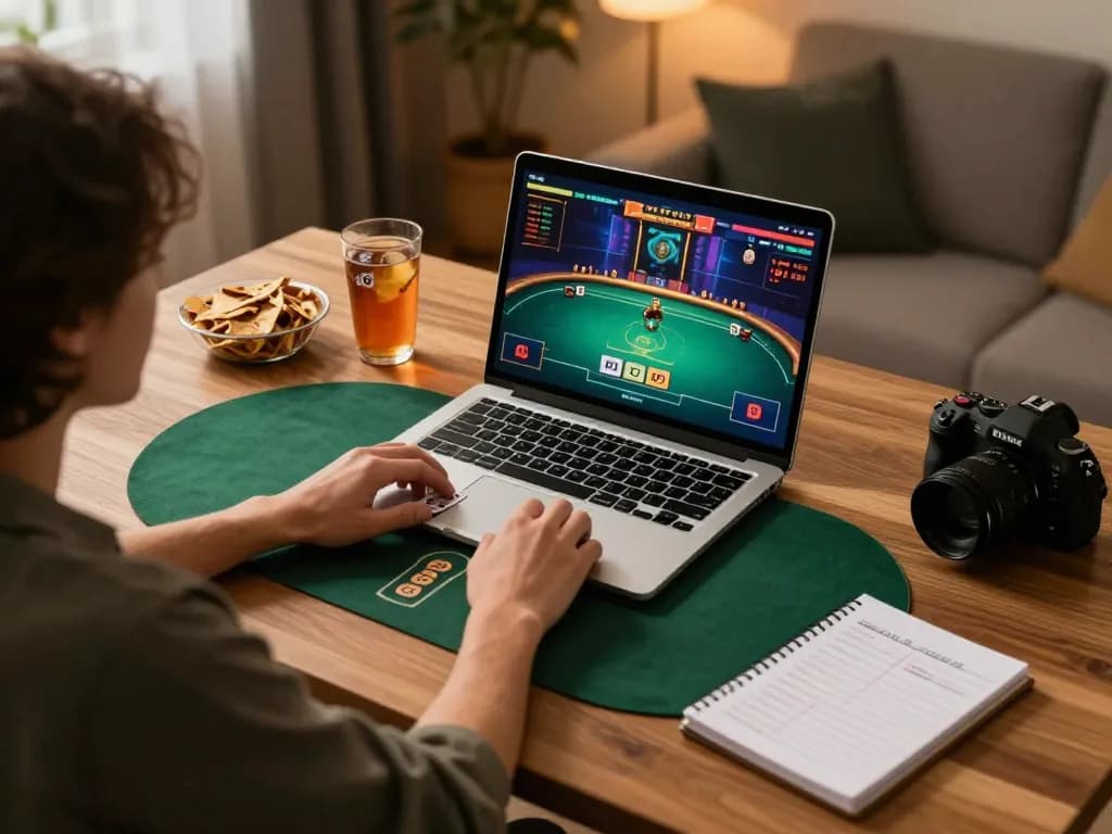 Engaged player enjoying 99WIN poker game on laptop, showcasing strategic gameplay.