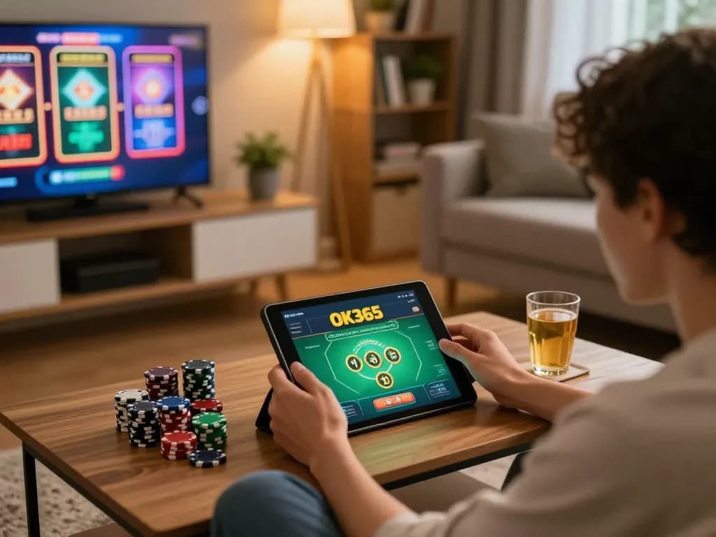 Player enjoying an engaging betting session on the OK365 app at home with vibrant gaming atmosphere