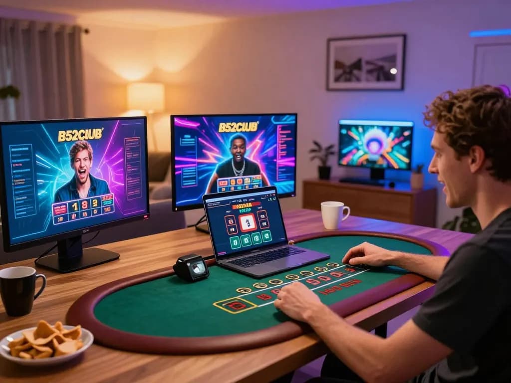 B52club player engaged in live dealer blackjack, showcasing home gaming setup.