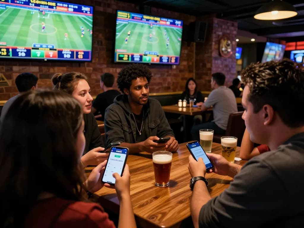 Exciting sports betting at the VS555 Casino app displayed on smartphones in a lively atmosphere.