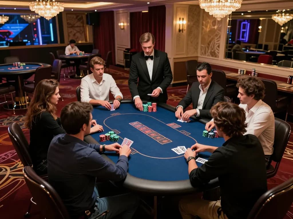 Engaging poker showdown scene at LV88 casino, players focused on their game with colorful chips visible