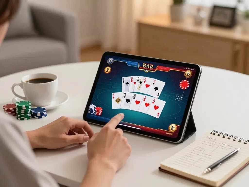 Engaged player using 77bet casino for online poker strategy and game enjoyment.