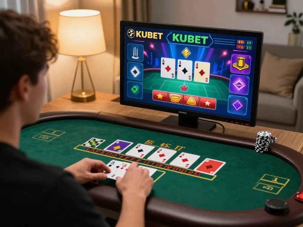 KUBET player placing bets in a live dealer blackjack game at home, focused on strategy.