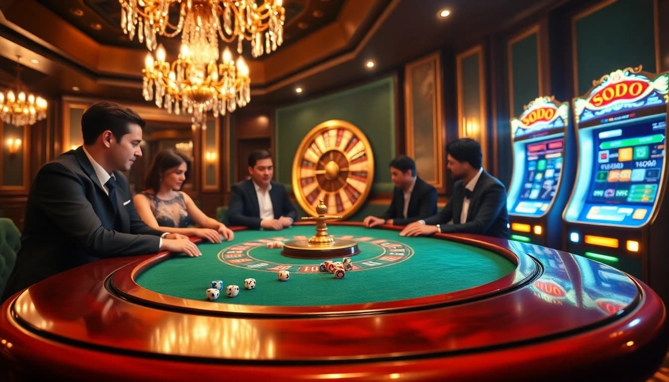 SODO Casino poker players surrounded by luxurious gaming elements and a spinning roulette wheel.