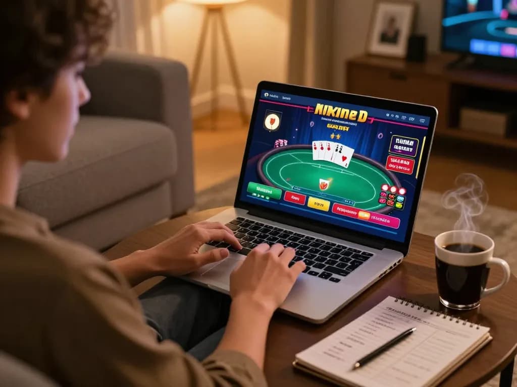 Engaging in online poker at https://kjc365.com/, with a vibrant laptop display and cozy home setting.