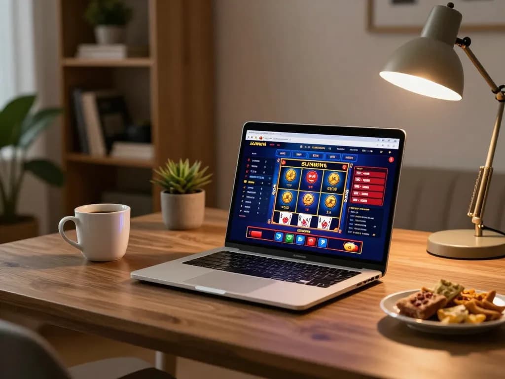 Engaged in online gambling at Sunwin, showcasing a vibrant gaming interface with snacks on the table.