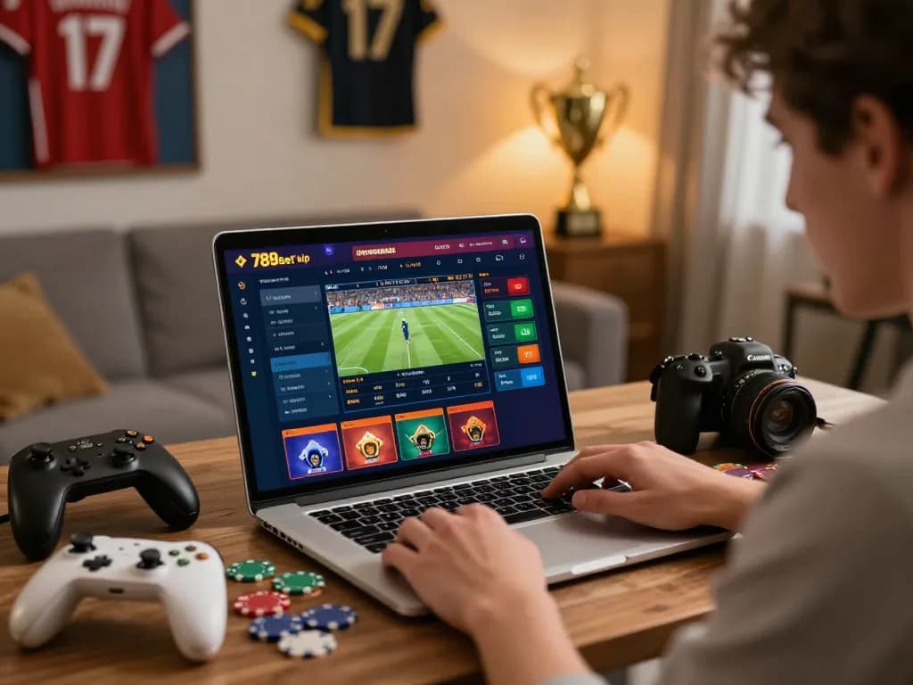 Engaged player exploring the 789bet vip online betting platform with sports memorabilia and casino elements.