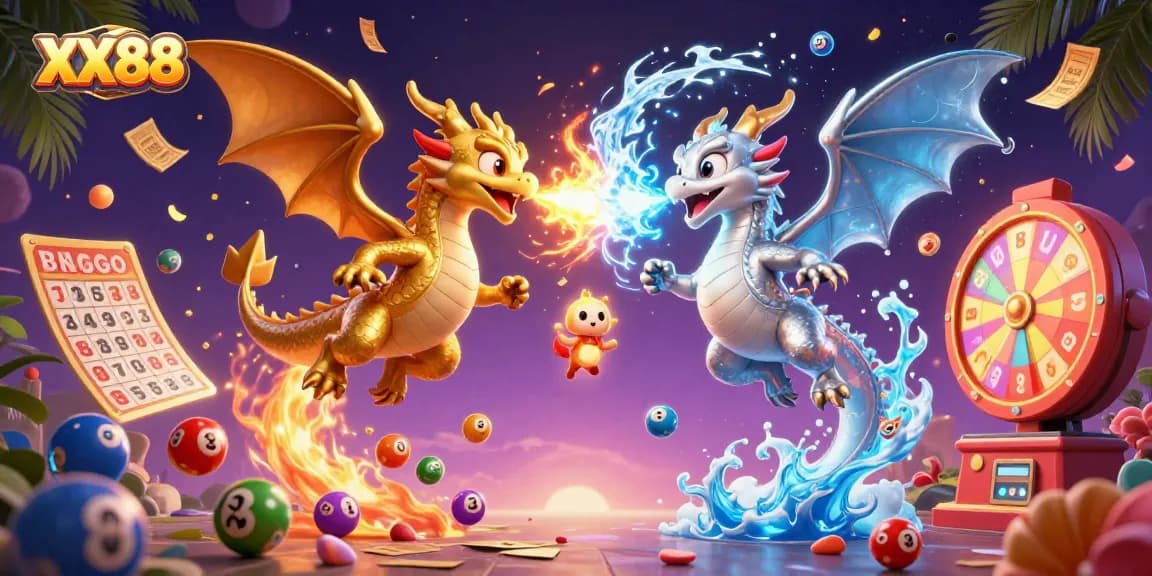 Engage in exciting gameplay with XX88 in this vibrant 3D illustration featuring dragons and casino elements.