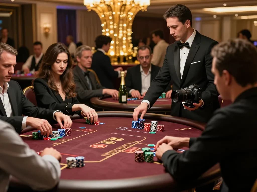 Players strategizing their bets at the Go8 VIP poker table in a luxurious casino setting