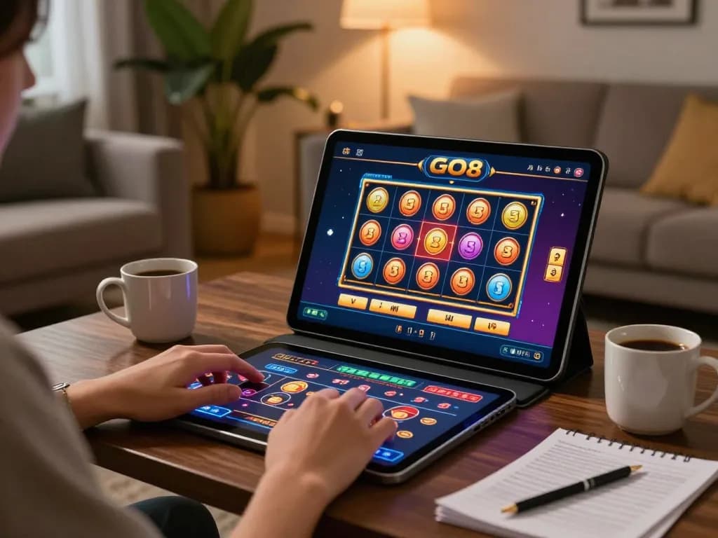 Engaging with the GO8 casino app for exciting gameplay at home during a cozy evening.