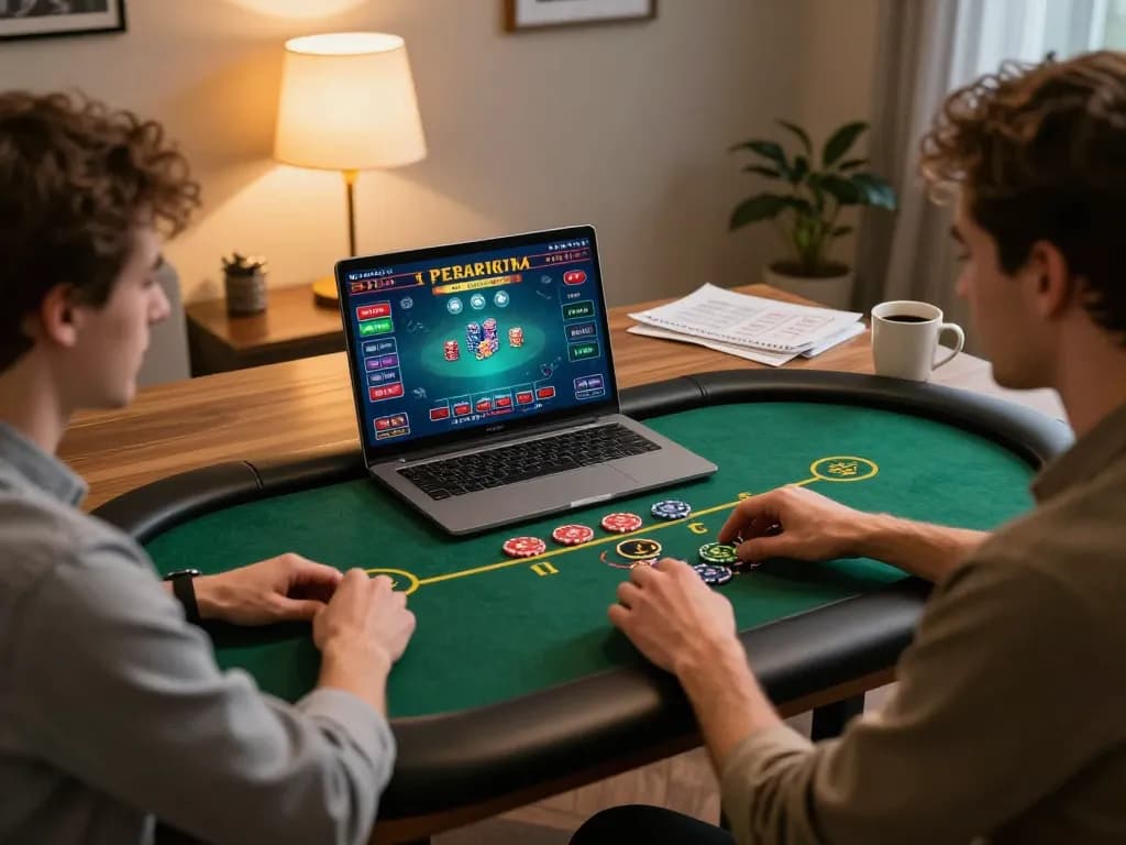 Engaging in strategic gameplay, 3333WIN online poker interface displayed on laptop with cozy decor.