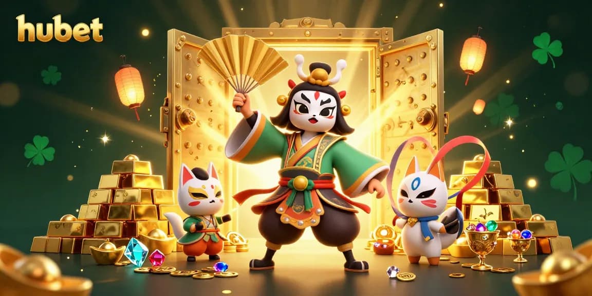Win big at hubet with a vibrant 3D casino-themed scene featuring a kabuki warrior and treasures.