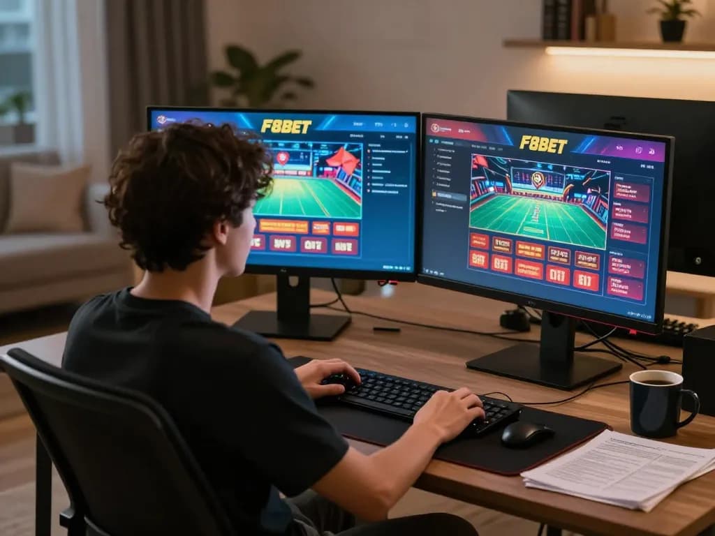 Engaged player exploring F8Bet's online casino interface from cozy home workspace