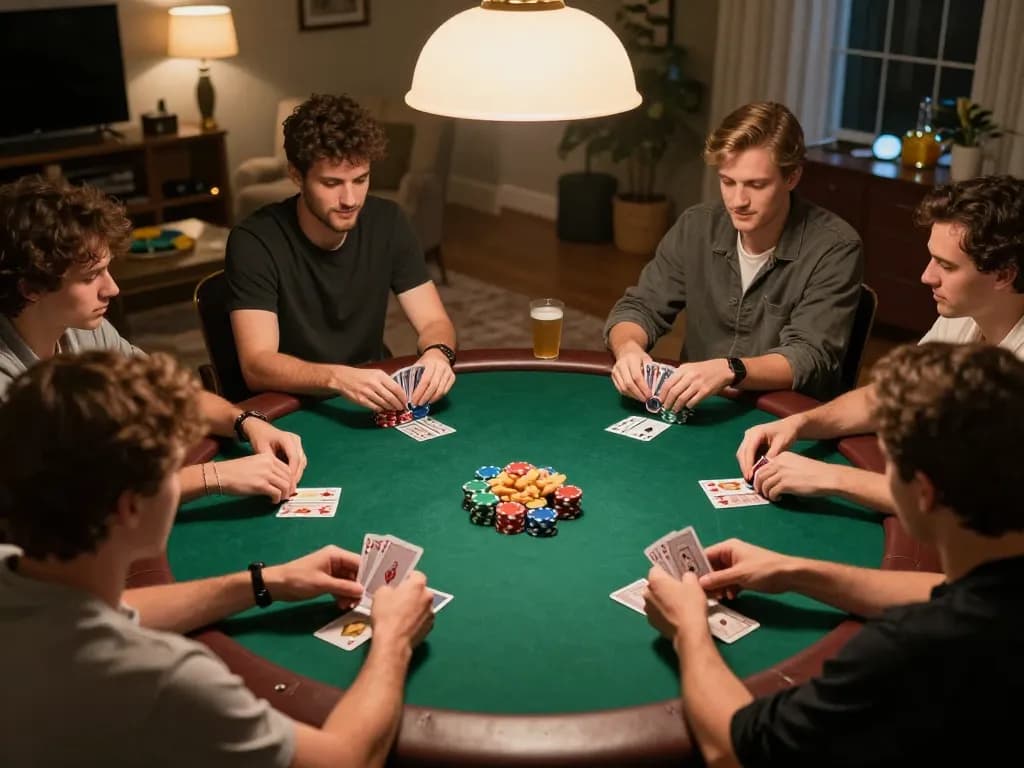 Players enjoying a poker game night at home, showcasing strategic gameplay and social interaction at UU88.