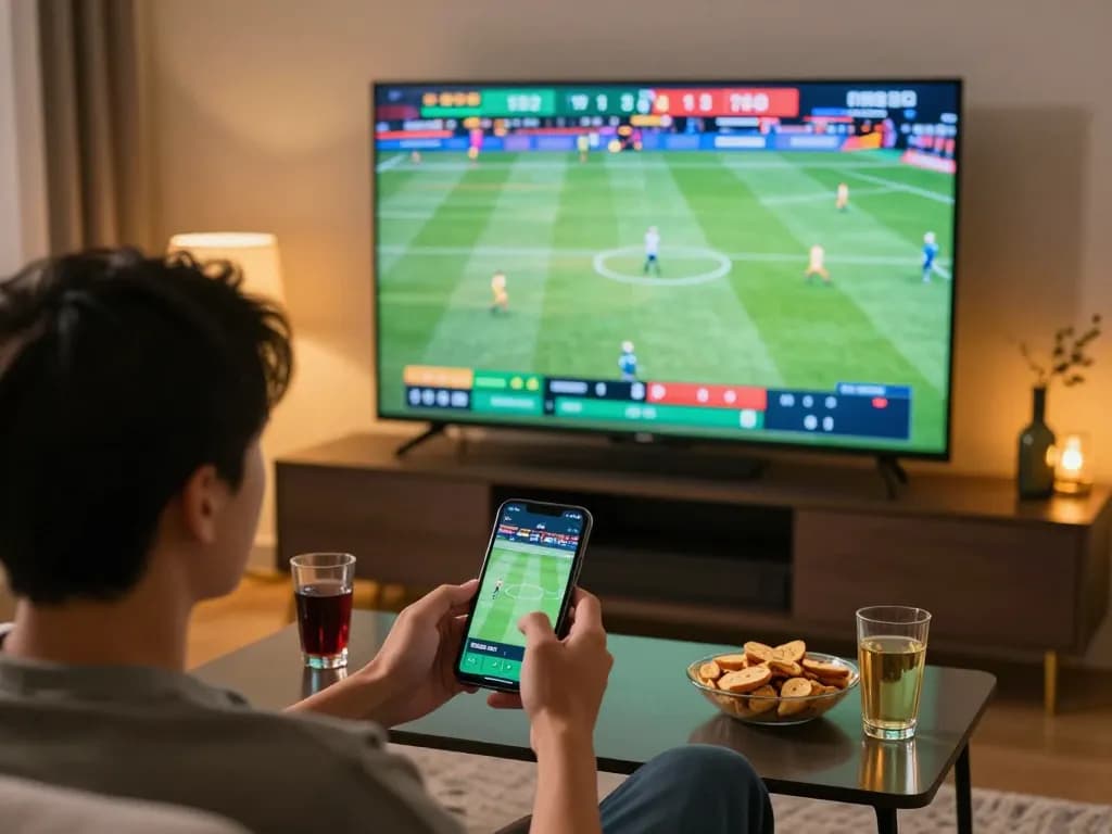 Person engaged in sports betting on BL555 app while watching live games.