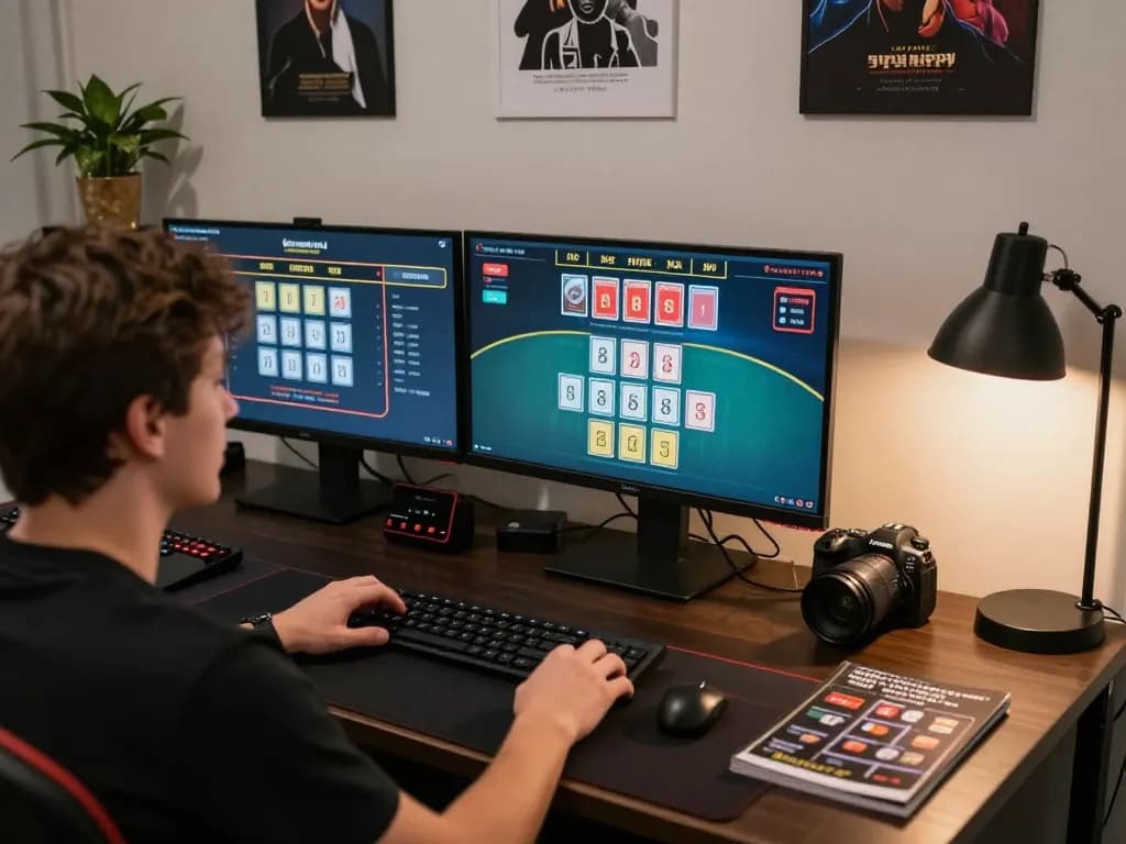 Player engaging in live dealer blackjack game online at their home setup, showcasing DW8 strategies in action.