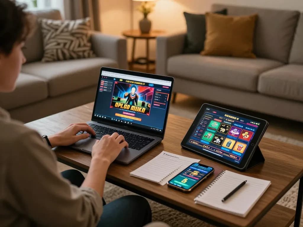 Using the laptop for online casino gaming at https://mm88.se.net/, cozy home setting with strategic notes on table
