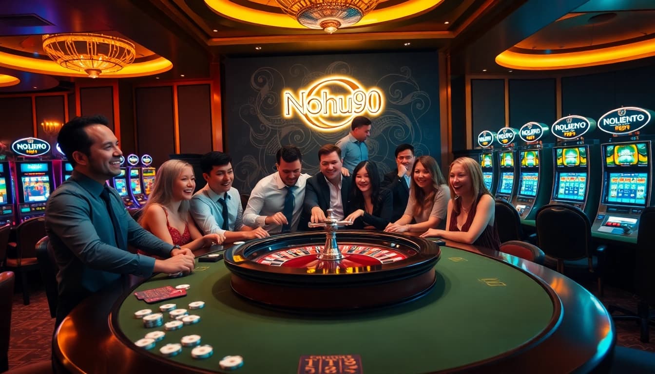 Nohu90 gaming excitement at a roulette table surrounded by eager players.