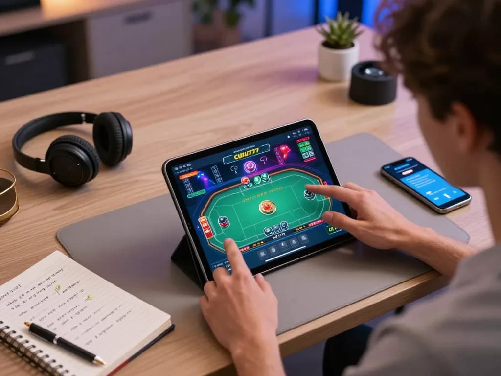 Cucu777 enhances the excitement of online poker with vibrant gameplay on a tablet in a modern home office.