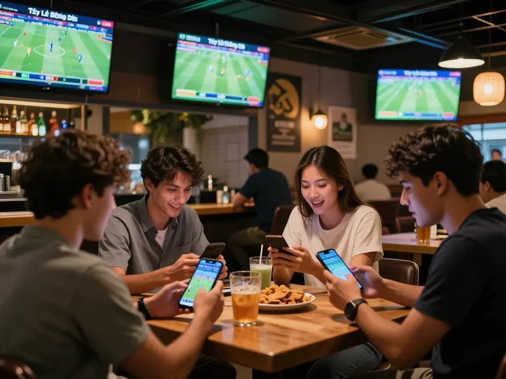 Tỷ Lệ Bóng Đá highlighted with patrons intensely placing bets in a vibrant sports bar atmosphere.
