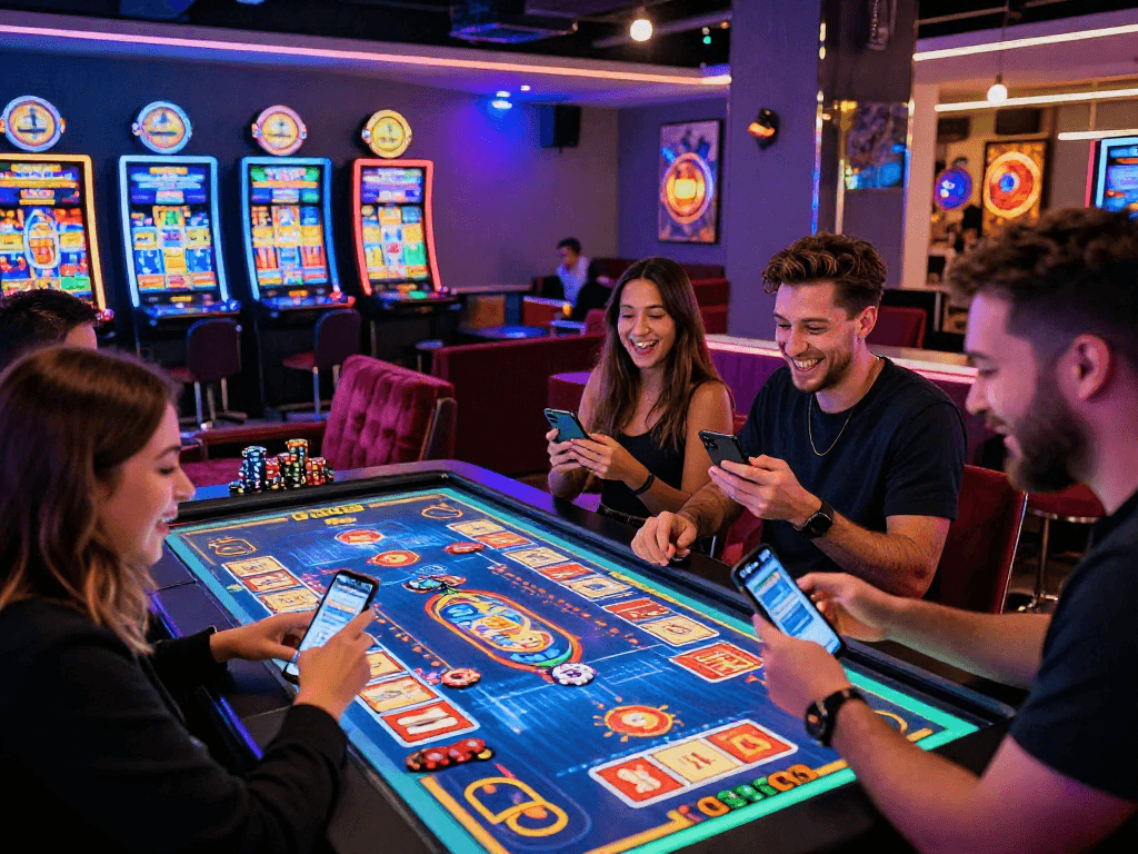 Thrilling atmosphere within a crypto casino featuring players enjoying holographic games and digital wallets