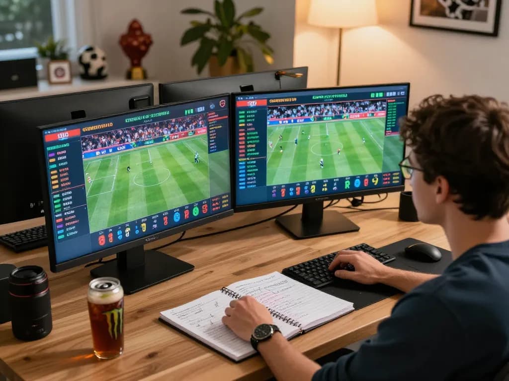 Engaged user analyzing sports betting odds on multiple screens, showcasing bongdallu's betting strategies.