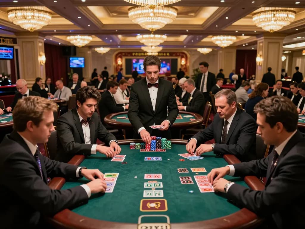 Players engaging in intense blackjack game at 23WIN casino with vibrant atmosphere.