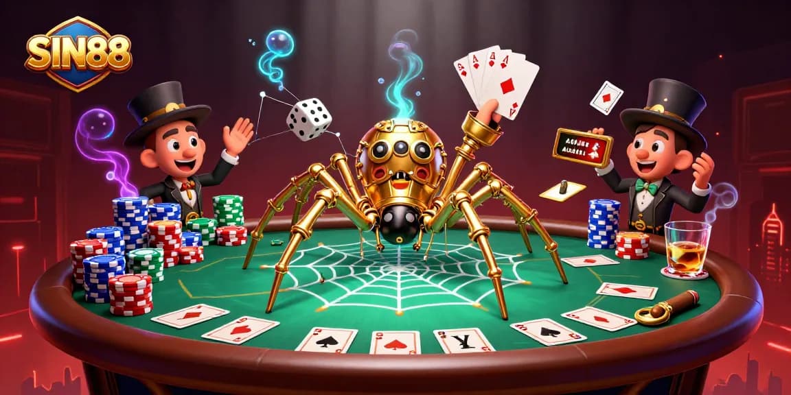 SIN88 showcases a steampunk spider webbing poker chips, creating an exciting online casino scene.