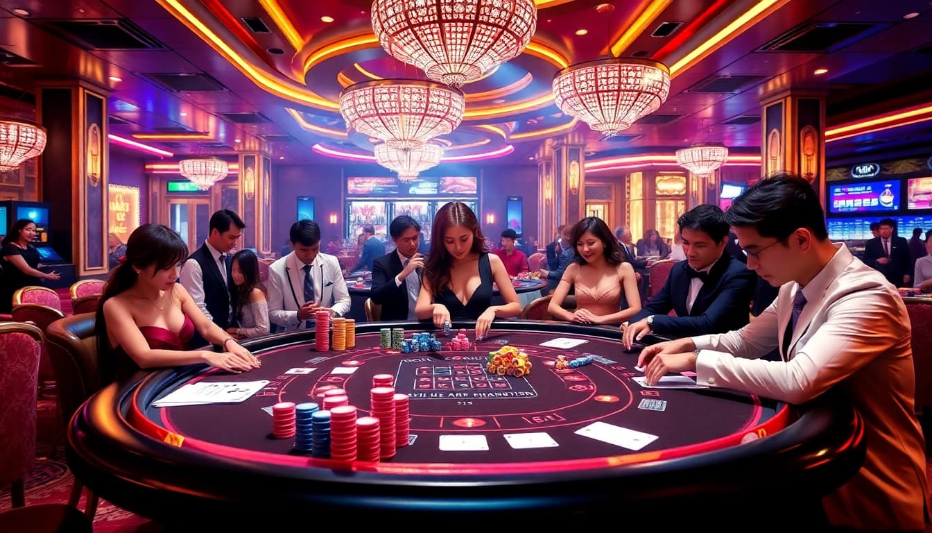 Tài Xỉu MD5 betting action at a vibrant casino table with excited players and colorful chips.