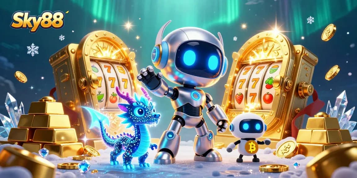Spin the reels at Sky88 casino with a vibrant 3D illustration showcasing exciting gaming elements.
