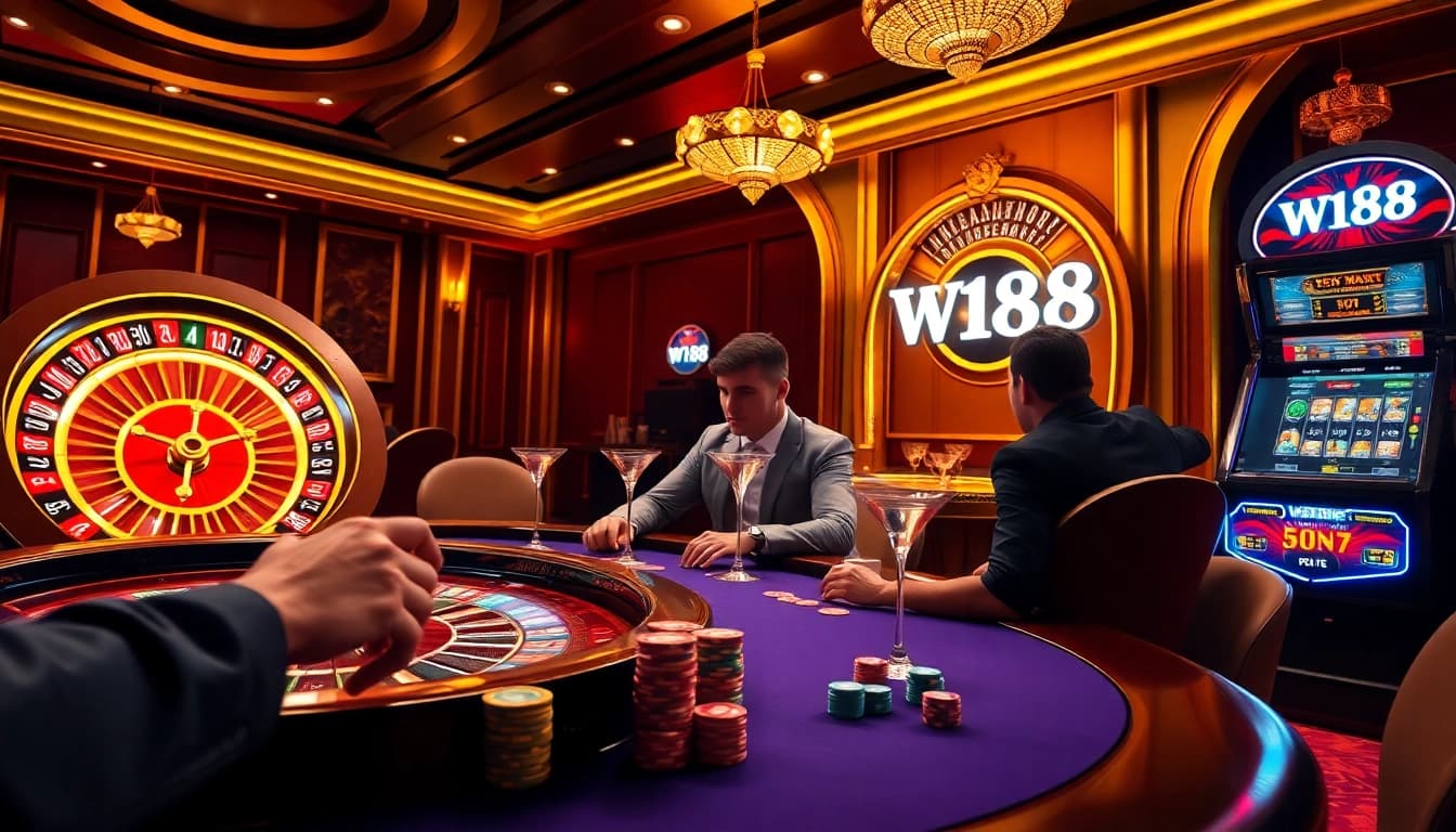 Players enjoying high-stakes poker at W188 casino, capturing excitement and luxury.