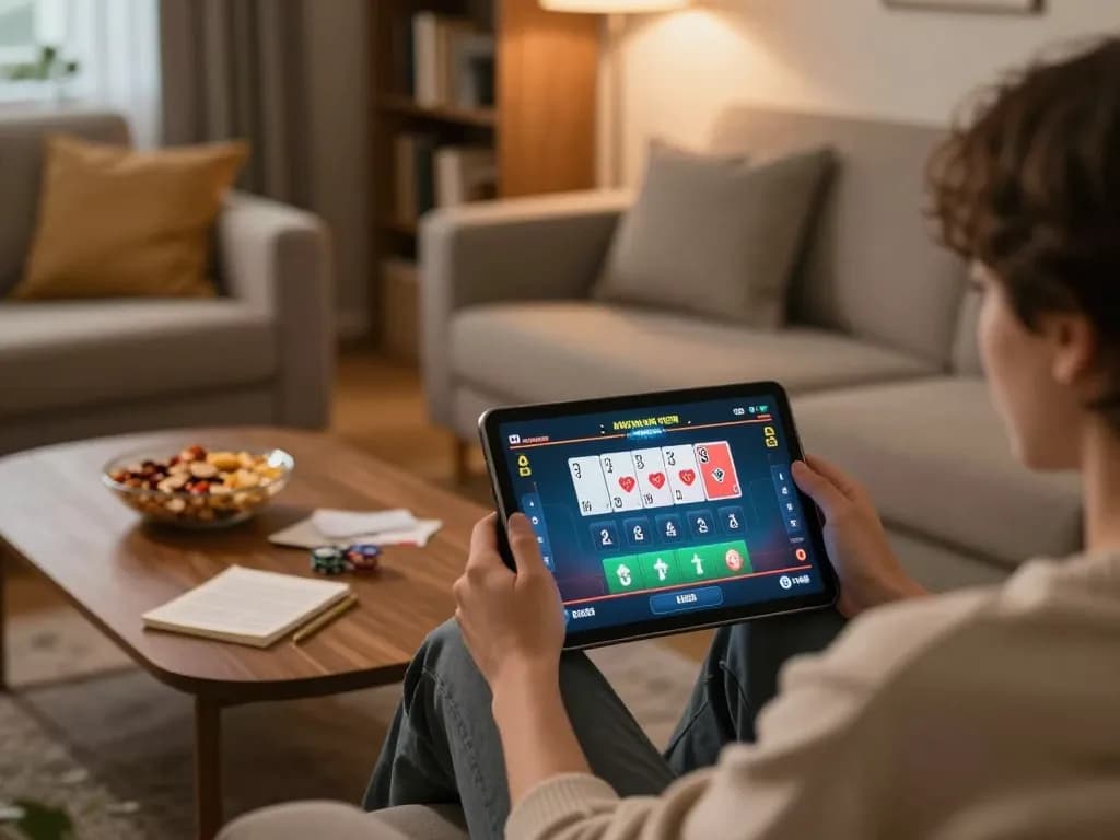 GK88 co player engaged in online poker gaming at home with tablet and strategy notes