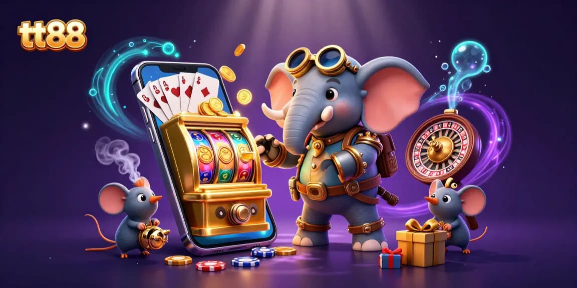 Experience thrilling gameplay at tt88 with a steampunk elephant operating an elaborate slot machine in a vibrant, dynamic casino scene.