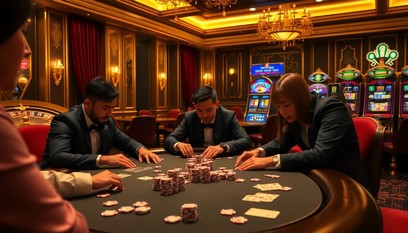 High-stakes poker game at a luxurious venue, showcasing MM88.london's vibrant casino atmosphere.