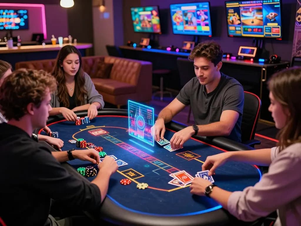 Engaged players at gem88 online casino gaming table, vibrant atmosphere with digital interfaces and colorful LED lights.
