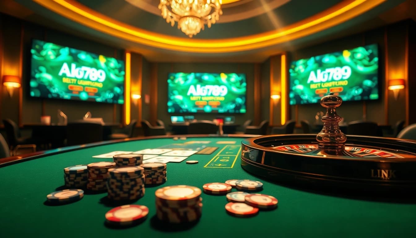 A thrilling online casino scene featuring the Alo789 Link, poker chips, and a roulette wheel.