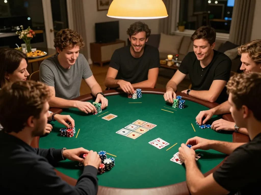 Players engaging in a competitive poker game at home, showcasing strategic bets and chips, revealing a lively atmosphere of 78win01.
