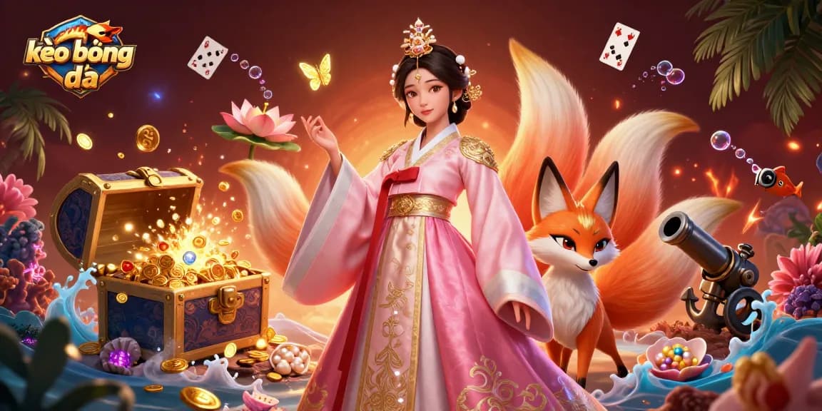 Engage in kèo bóng đá with an elegant Asian woman and a lucky nine-tailed fox amid treasure and vibrant elements.