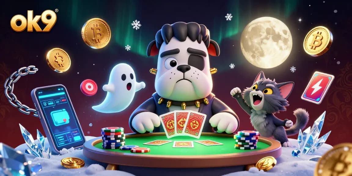 Experience the excitement of ok9 with a vibrant casino scene featuring a Frankenstein bulldog and magical elements.